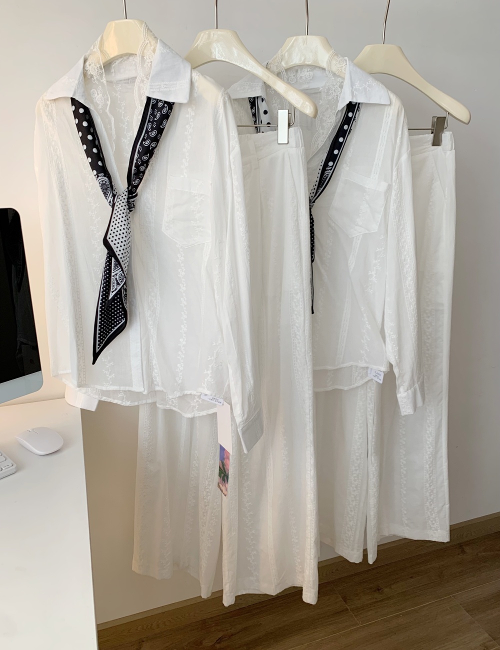 Lace summer wide leg pants splice shirt 2pcs set