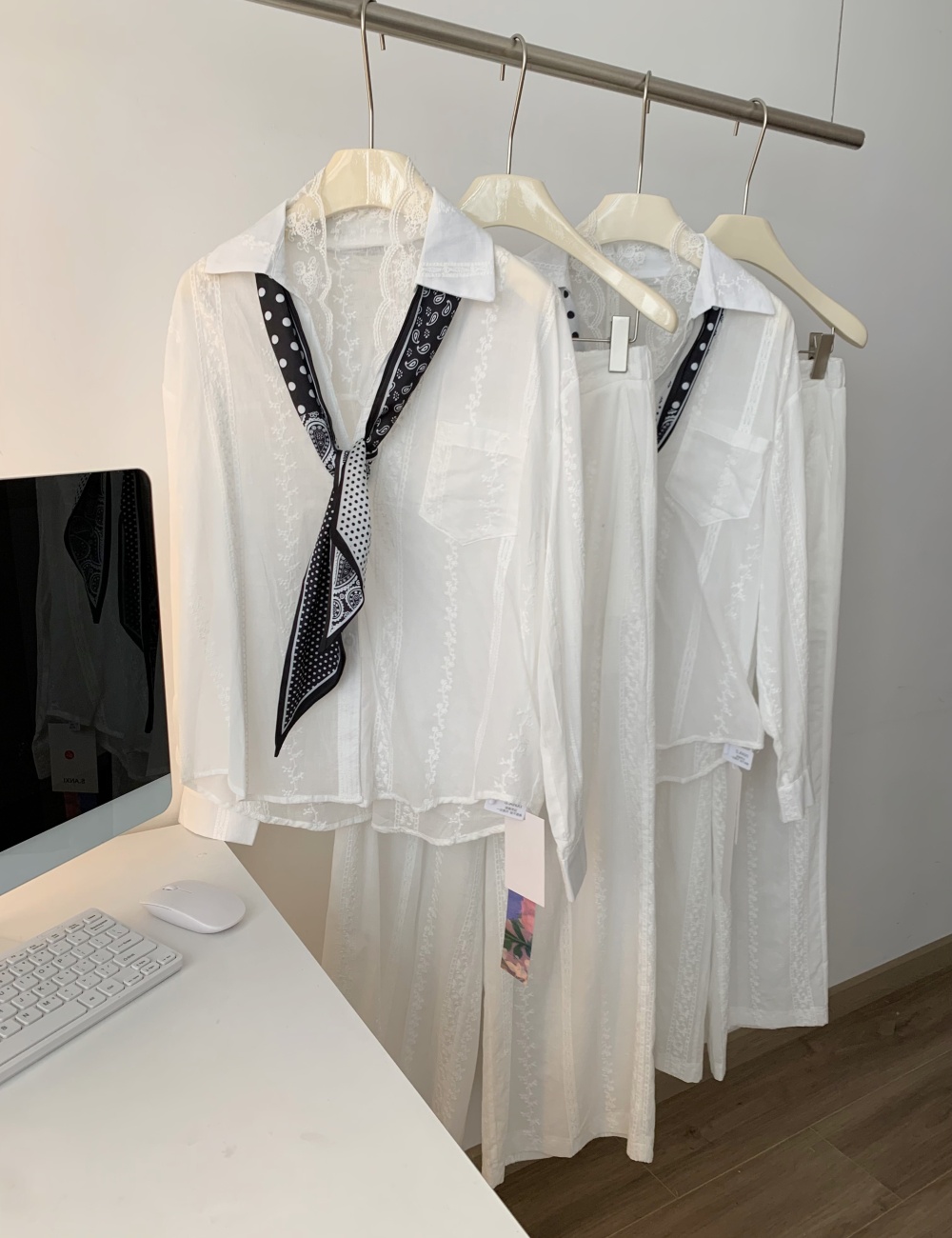 Lace summer wide leg pants splice shirt 2pcs set
