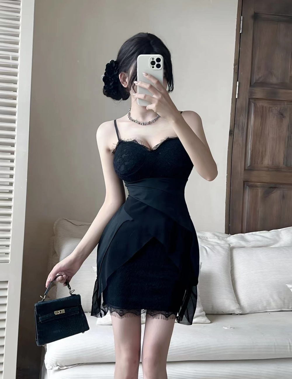Slim lace sling dress splice spicegirl low collar T-back for women