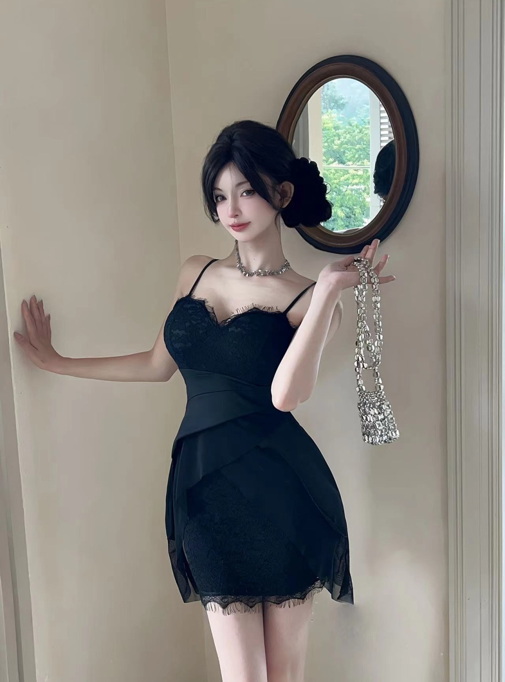 Slim lace sling dress splice spicegirl low collar T-back for women