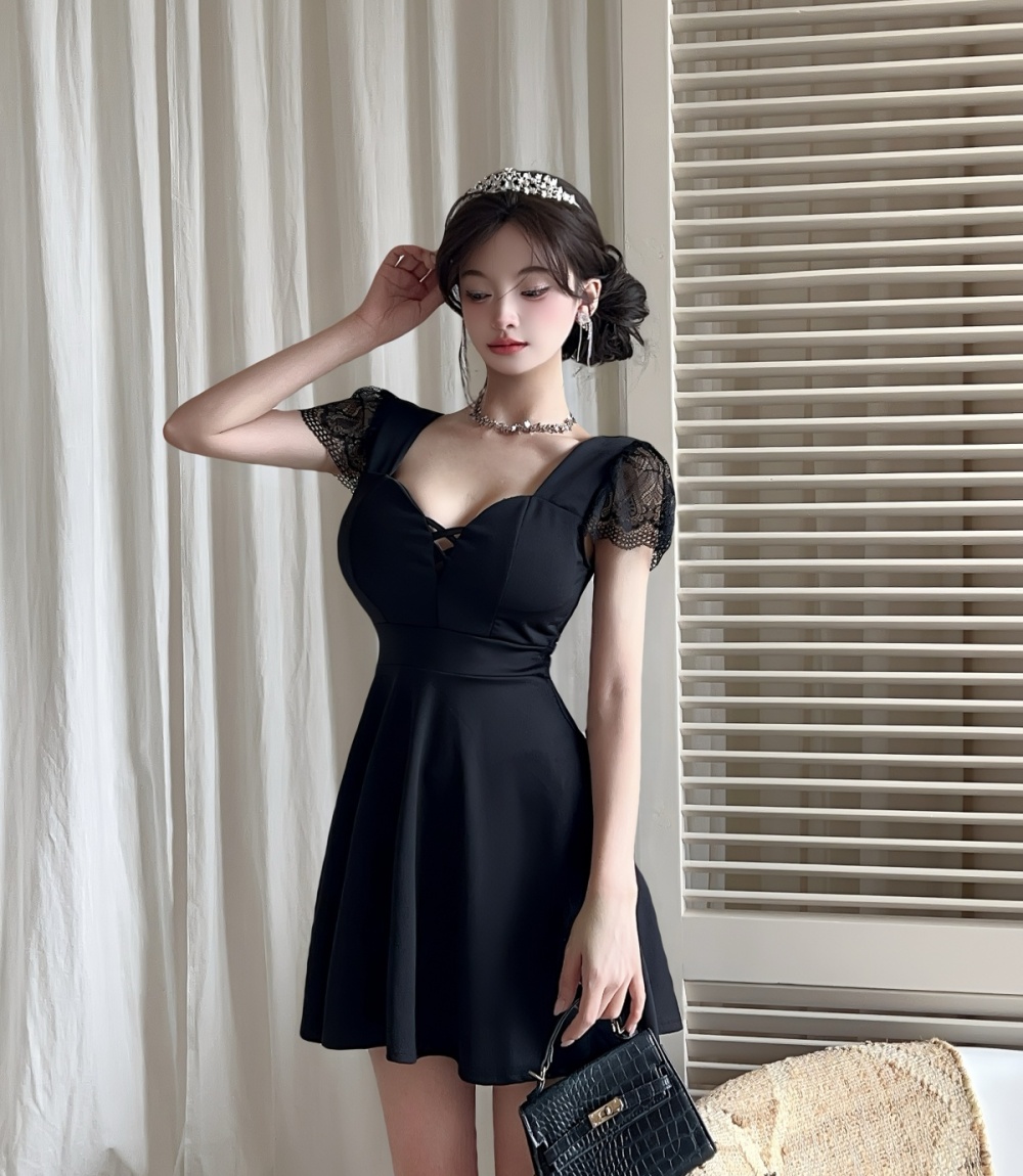 Cover belly low-cut slim splice sexy V-neck lace dress