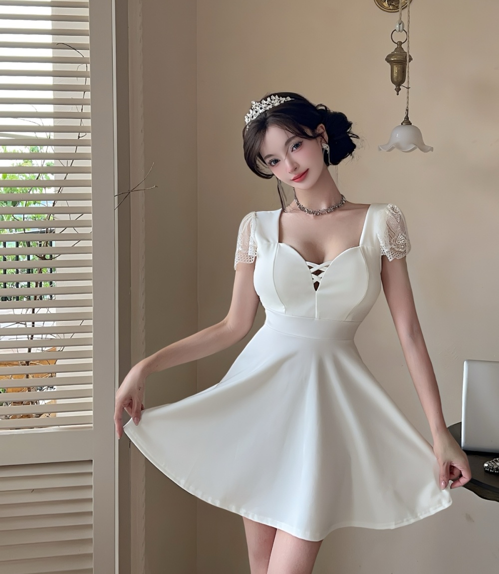 Cover belly low-cut slim splice sexy V-neck lace dress