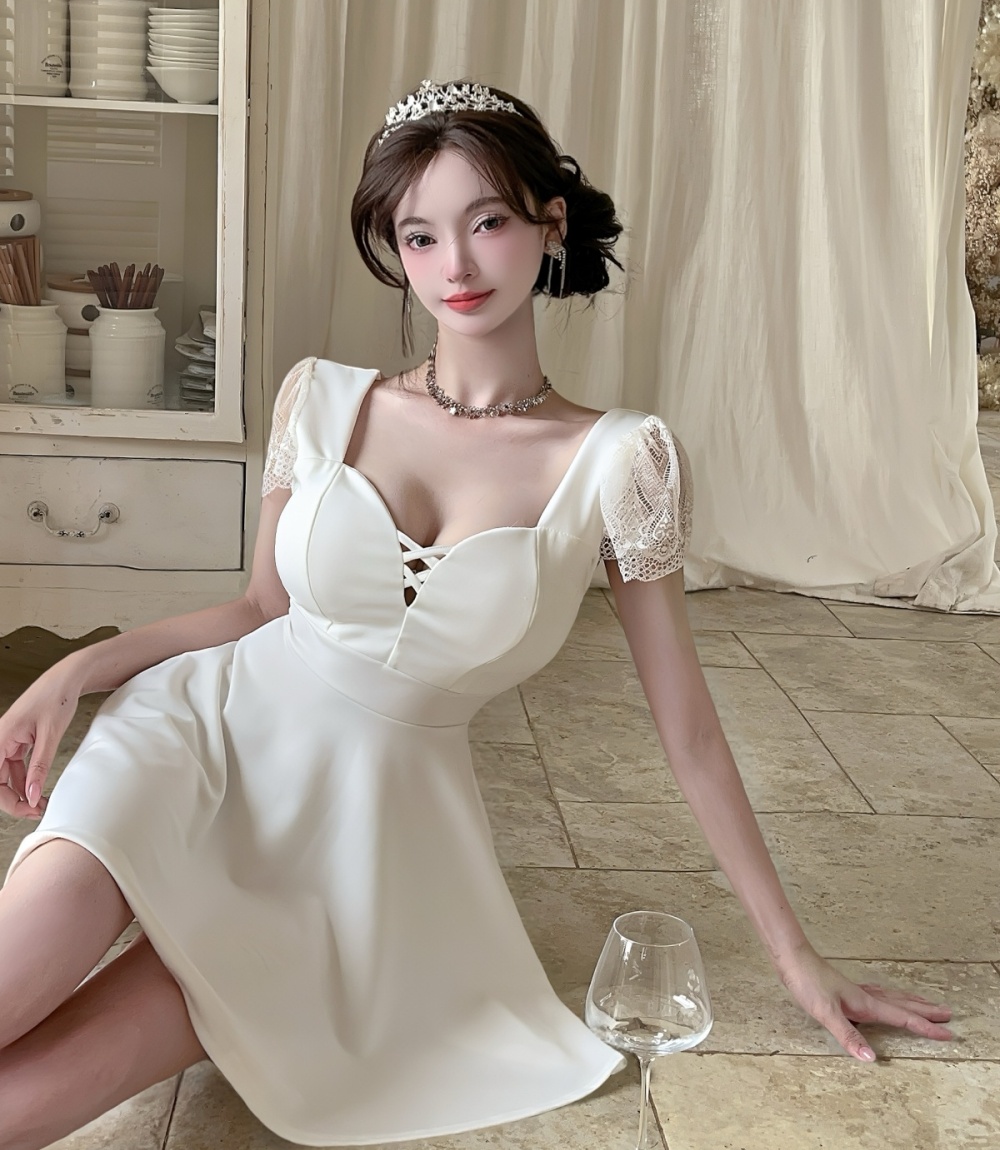 Cover belly low-cut slim splice sexy V-neck lace dress