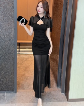 Retro split splice dress long package hip long dress