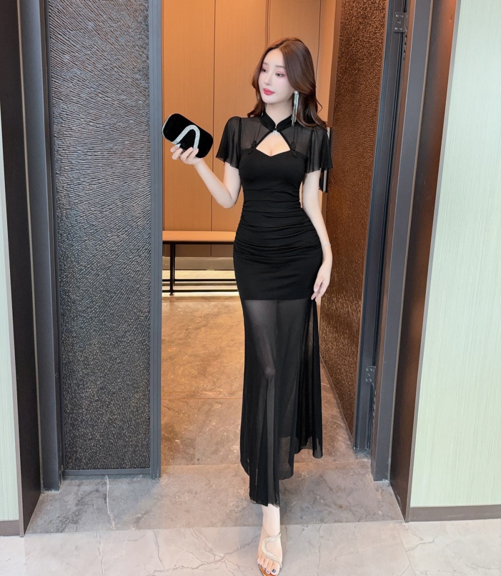Retro split splice dress long package hip long dress