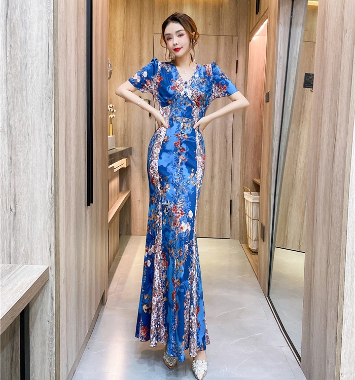 V-neck summer dress slim printing long dress