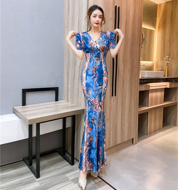 V-neck summer dress slim printing long dress