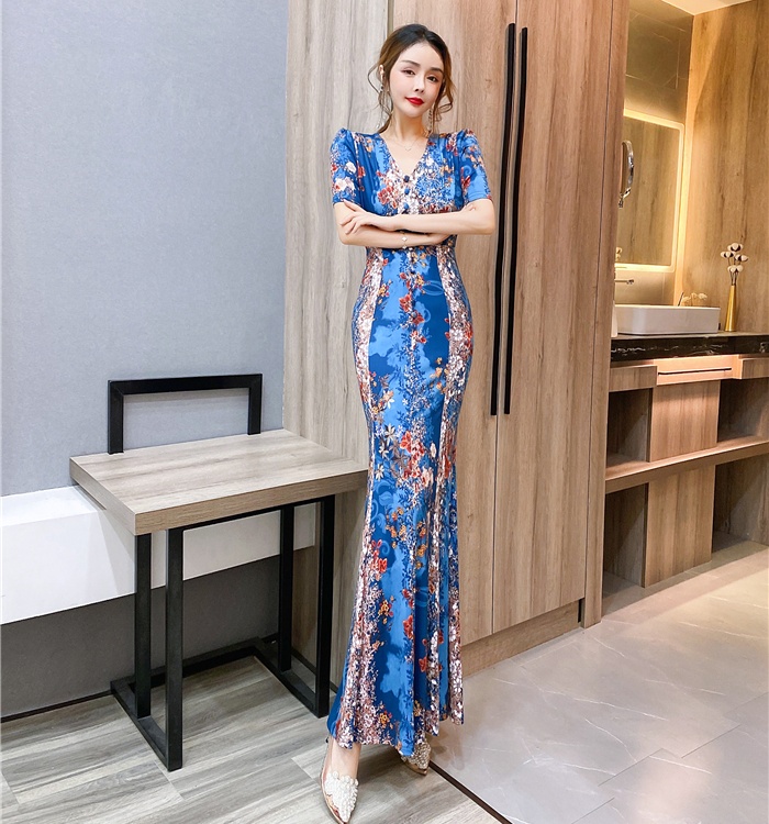 V-neck summer dress slim printing long dress