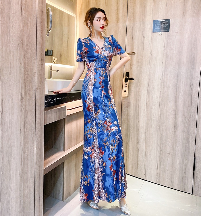 V-neck summer dress slim printing long dress