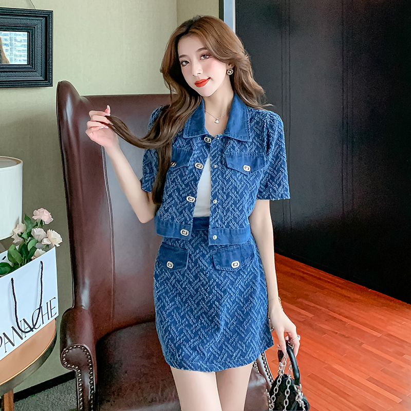 Package hip denim tops summer short skirt 2pcs set