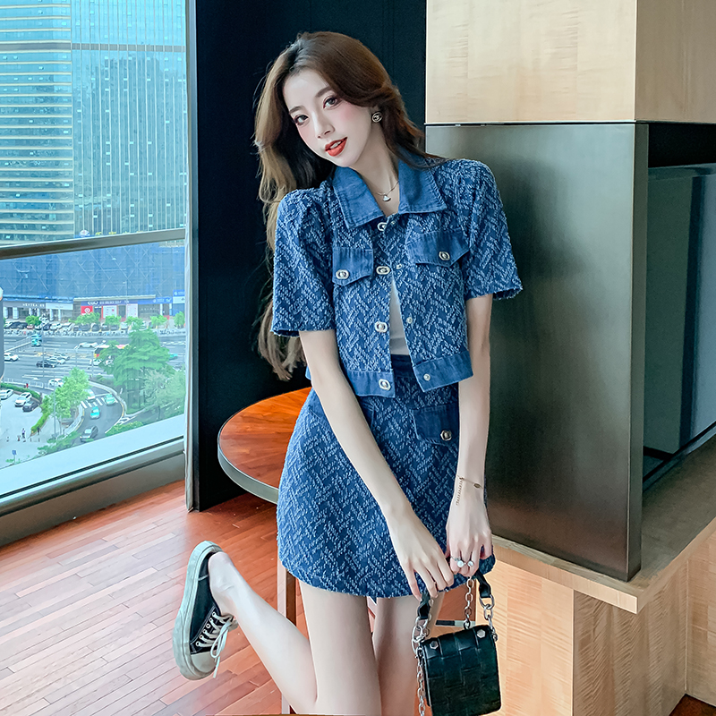 Package hip denim tops summer short skirt 2pcs set