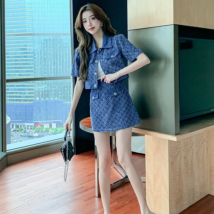 Package hip denim tops summer short skirt 2pcs set