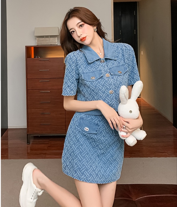 Package hip denim tops summer short skirt 2pcs set