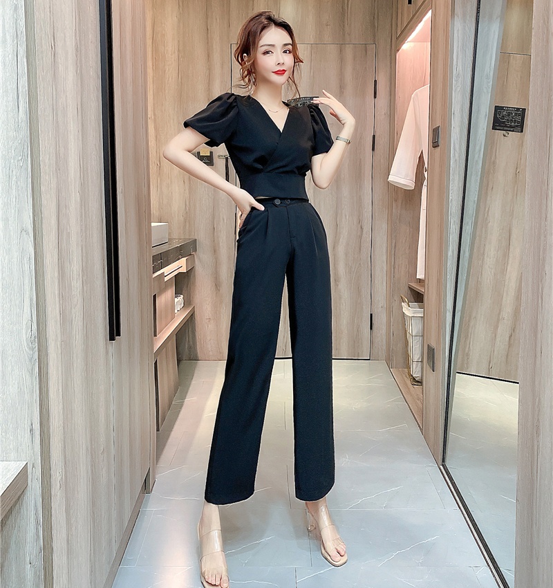 V-neck slim summer long pants short temperament tops 2pcs set