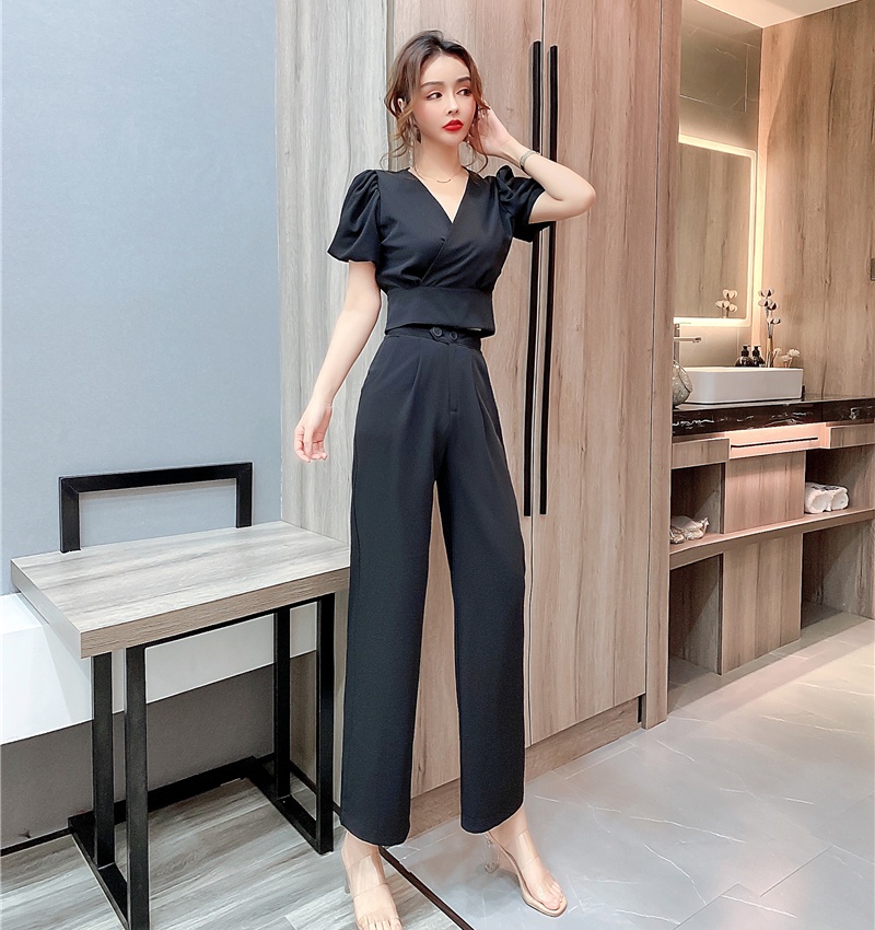 V-neck slim summer long pants short temperament tops 2pcs set