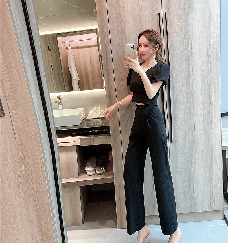 V-neck slim summer long pants short temperament tops 2pcs set