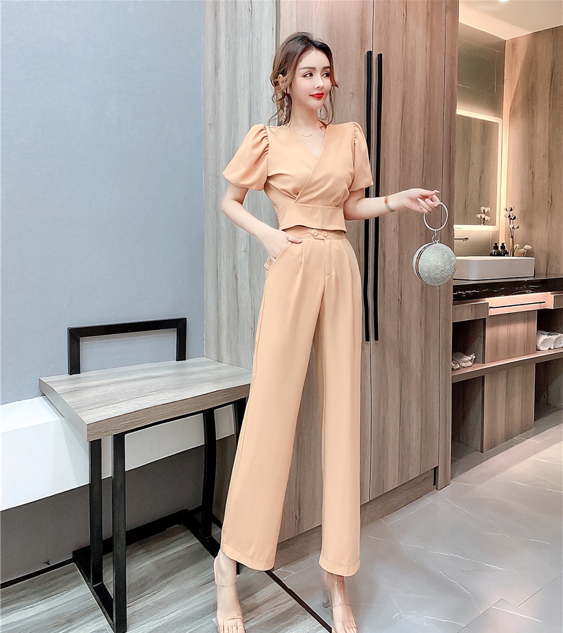 V-neck slim summer long pants short temperament tops 2pcs set