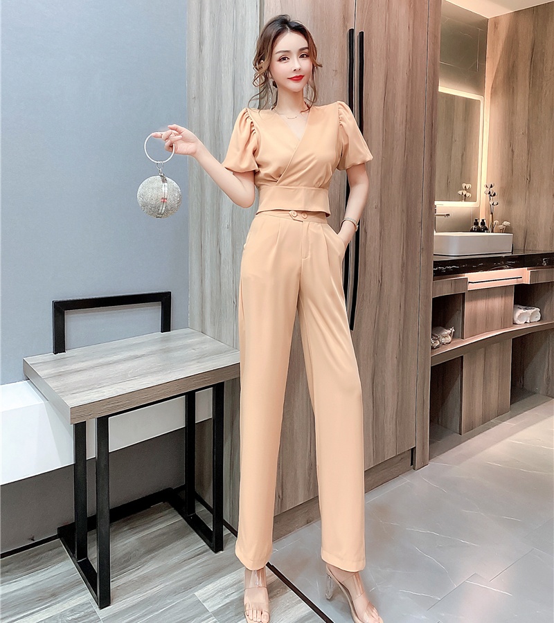 V-neck slim summer long pants short temperament tops 2pcs set