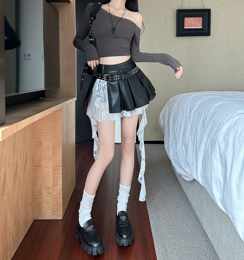 Pleated lace skirt A-line short skirt for women