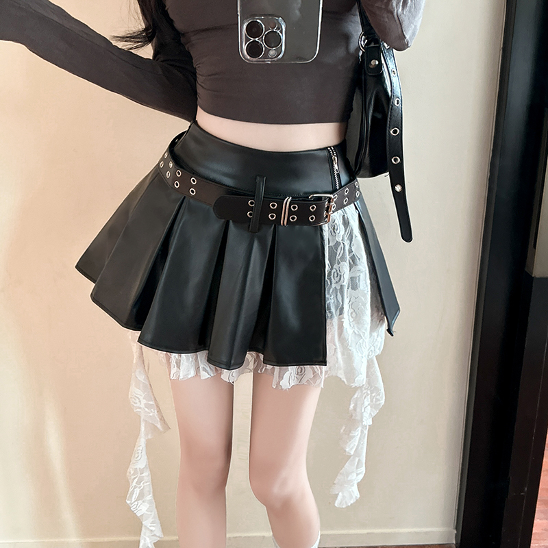 Pleated lace skirt A-line short skirt for women