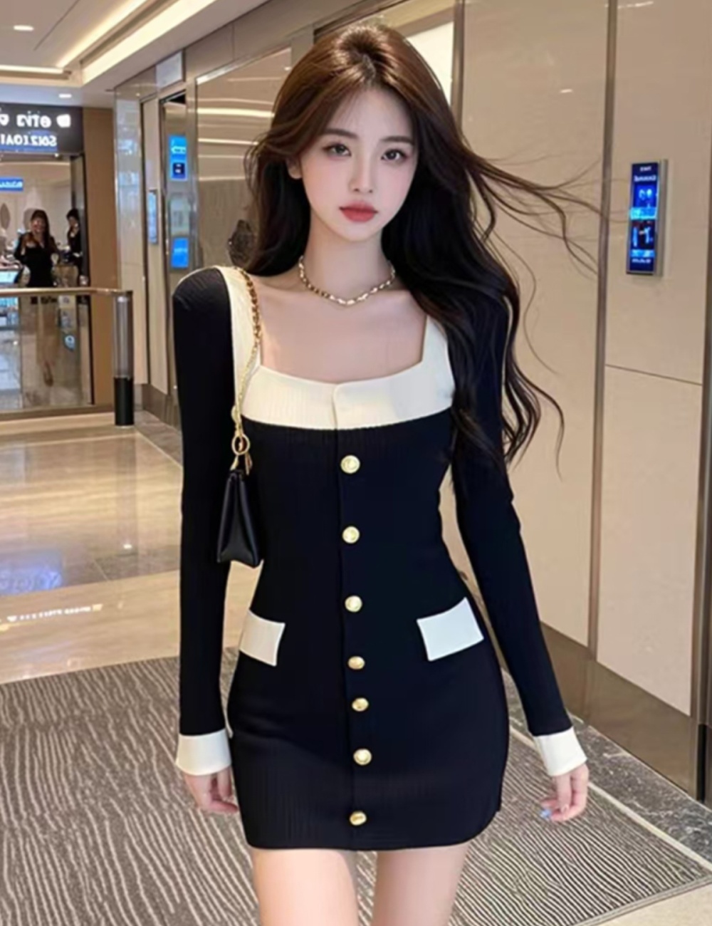 Korean style single-breasted package hip niche dress
