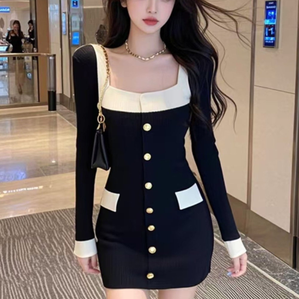 Korean style single-breasted package hip niche dress