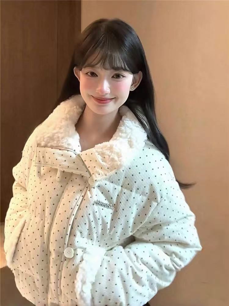 Short thick corduroy down coat fur collar loose bread clothing