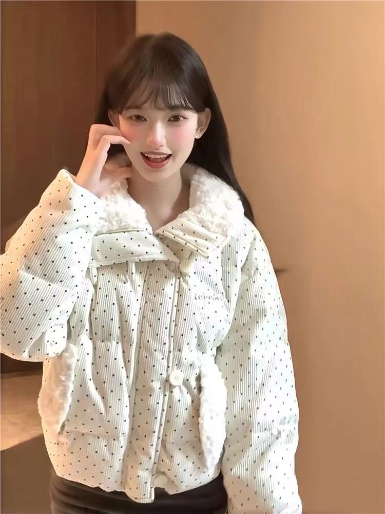 Short thick corduroy down coat fur collar loose bread clothing