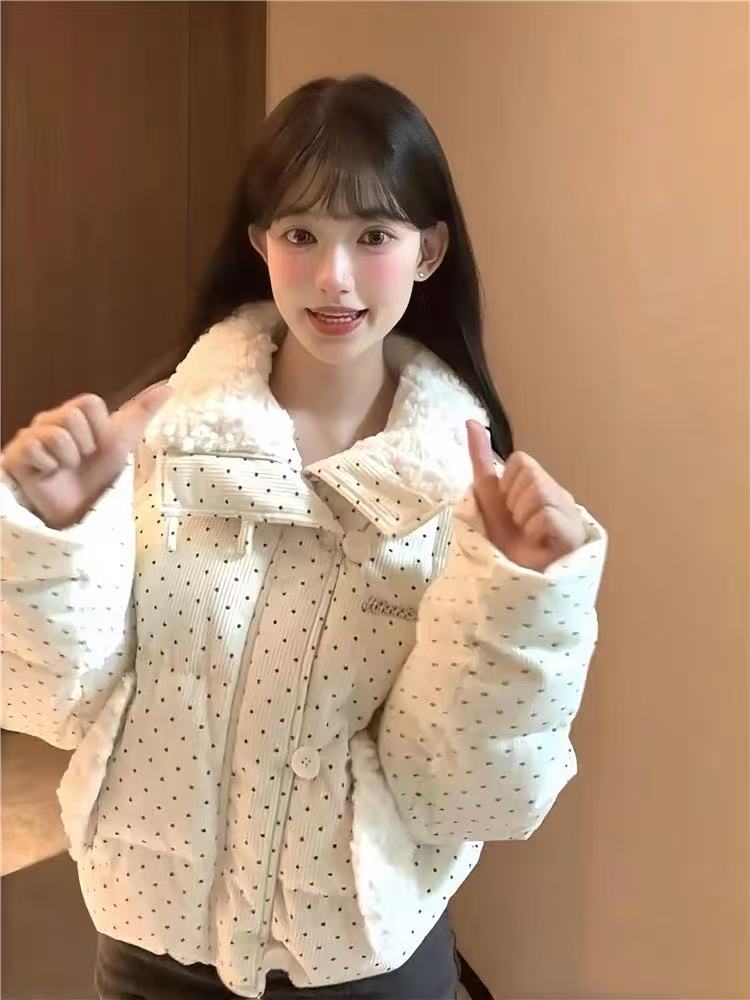 Short thick corduroy down coat fur collar loose bread clothing