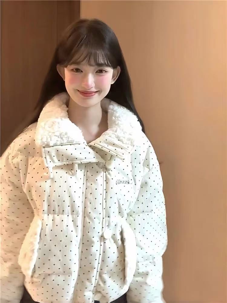 Short thick corduroy down coat fur collar loose bread clothing