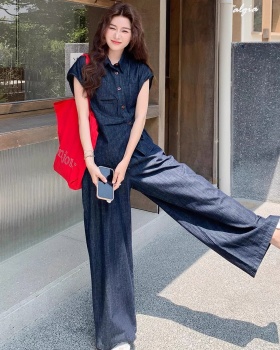 Denim shirt wide leg pants 2pcs set for women