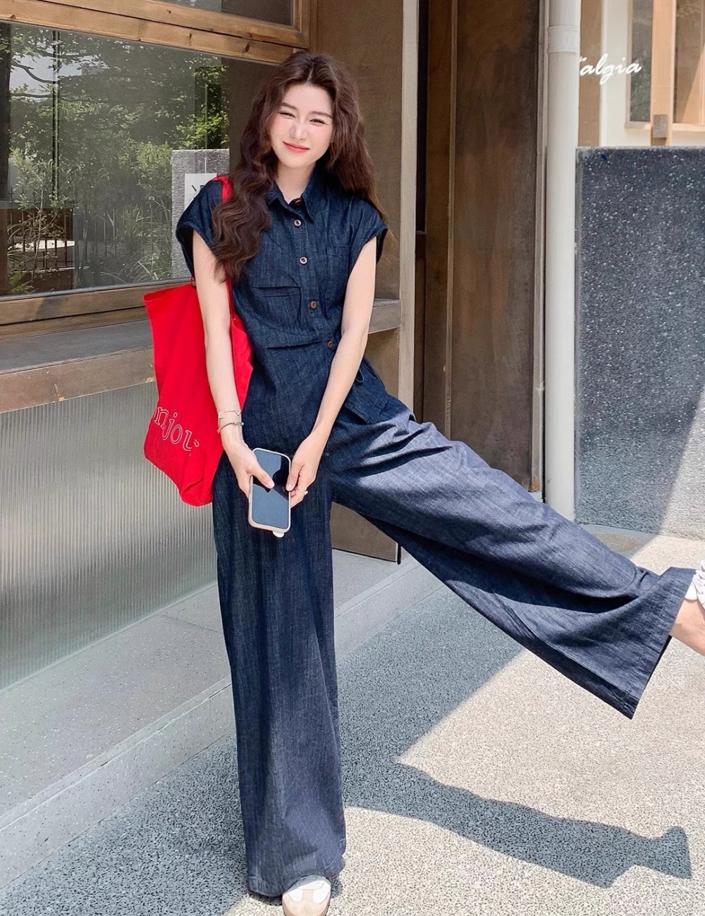 Denim shirt wide leg pants 2pcs set for women