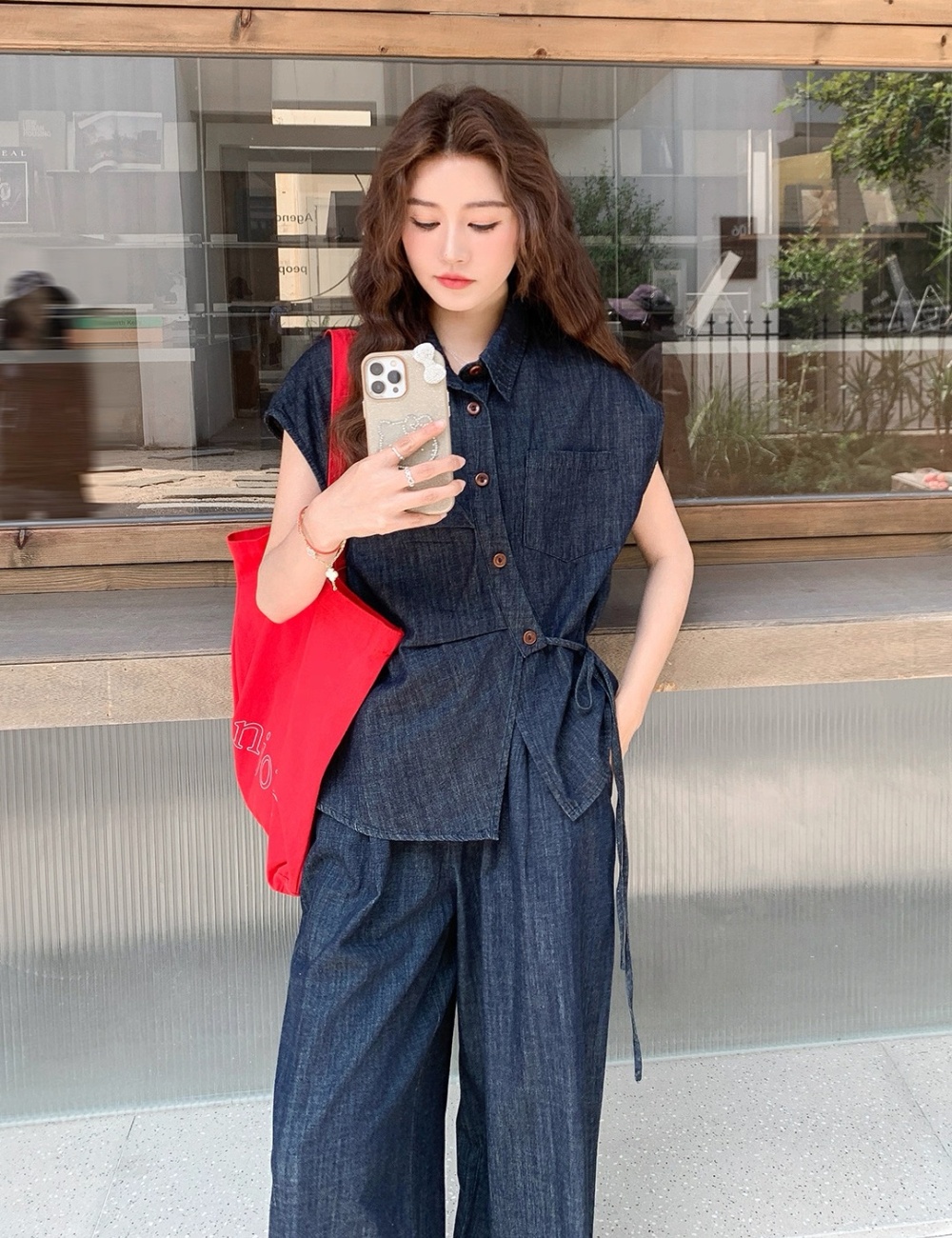 Denim shirt wide leg pants 2pcs set for women