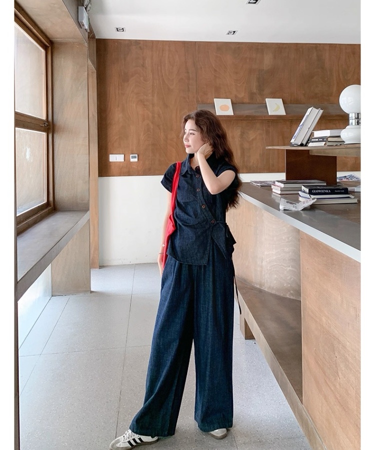 Denim shirt wide leg pants 2pcs set for women