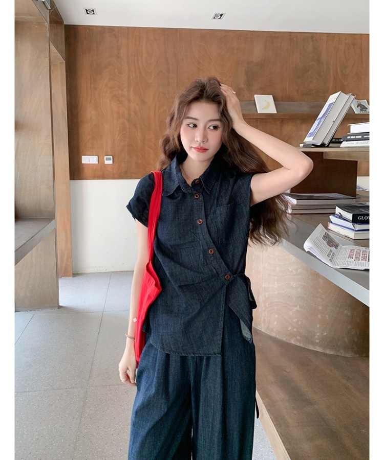 Denim shirt wide leg pants 2pcs set for women