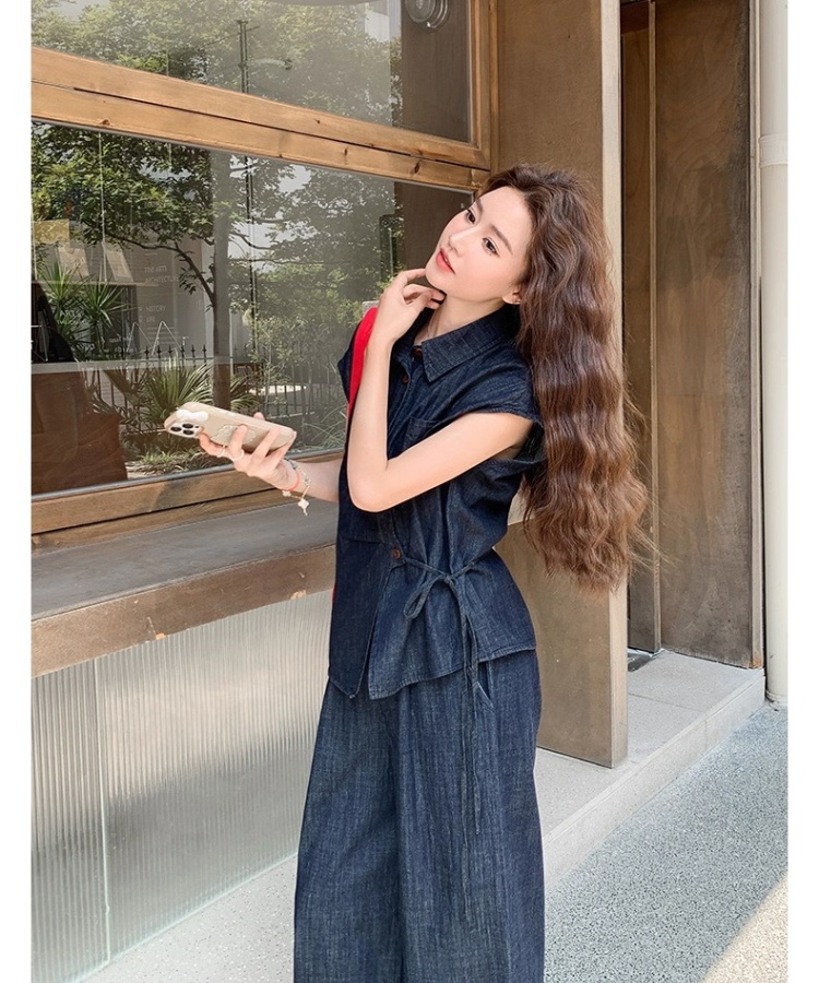 Denim shirt wide leg pants 2pcs set for women