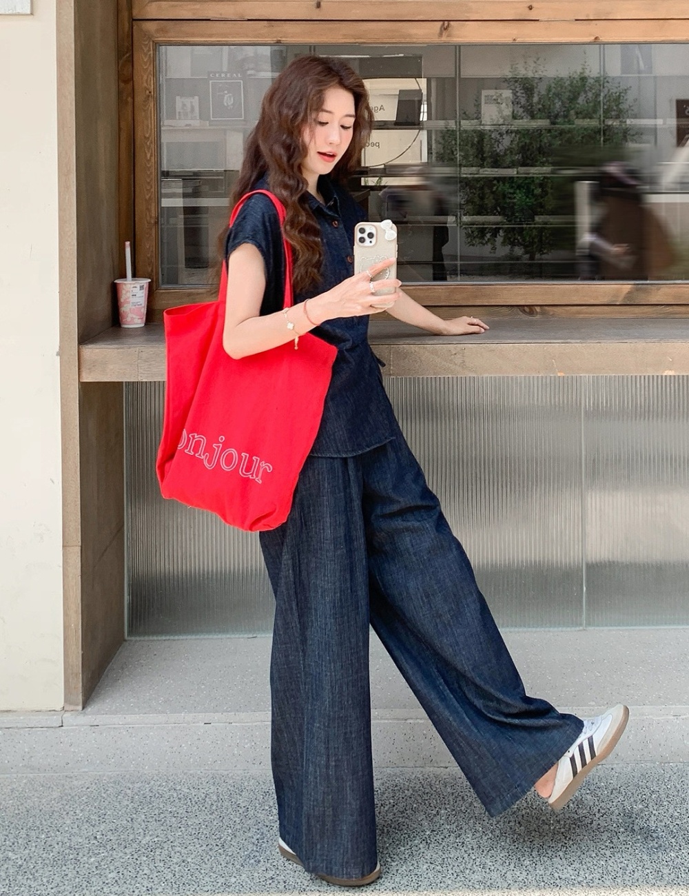 Denim shirt wide leg pants 2pcs set for women