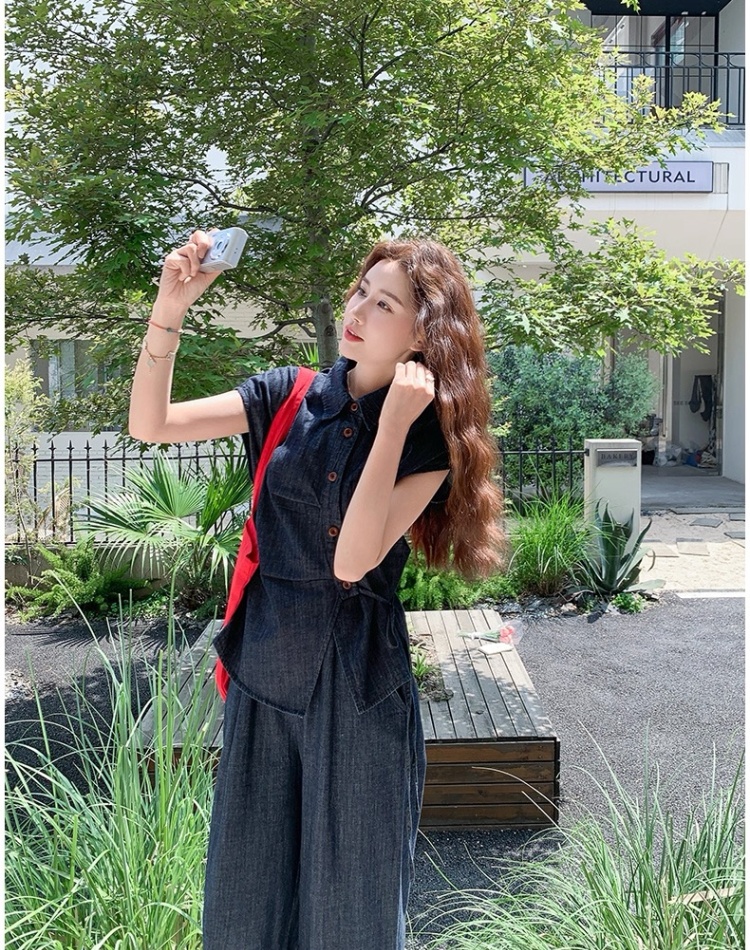 Denim shirt wide leg pants 2pcs set for women