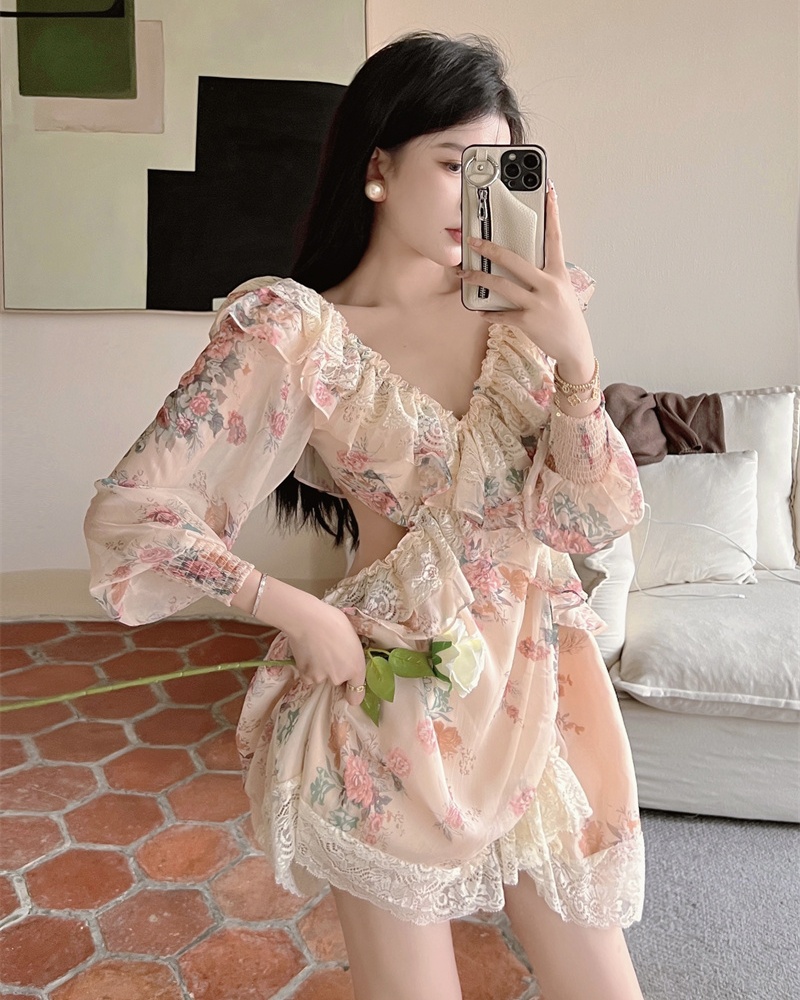 V-neck long sleeve slim jumpsuit sexy niche T-back
