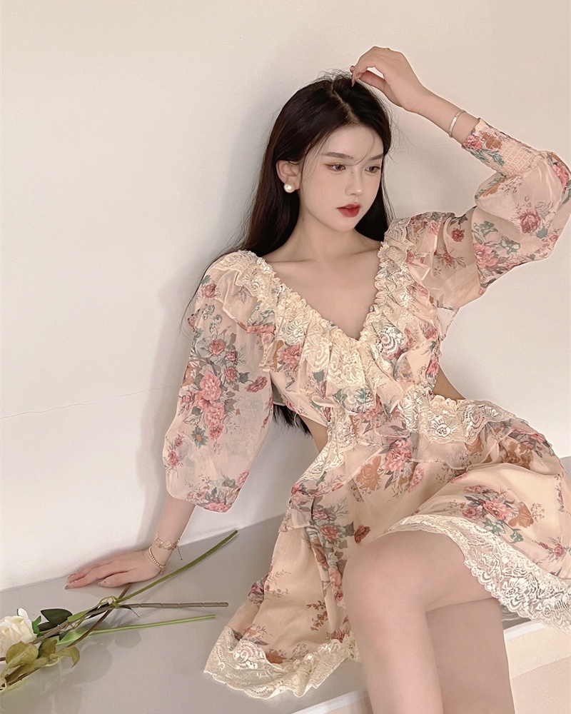 V-neck long sleeve slim jumpsuit sexy niche T-back