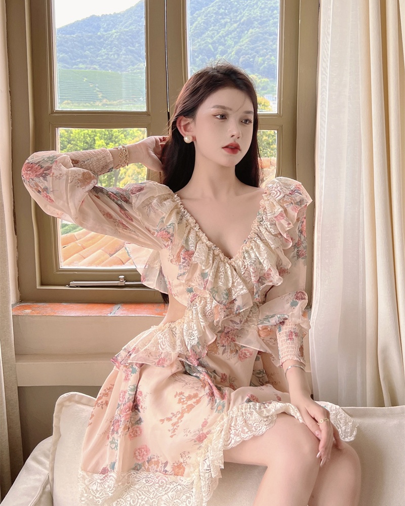 V-neck long sleeve slim jumpsuit sexy niche T-back