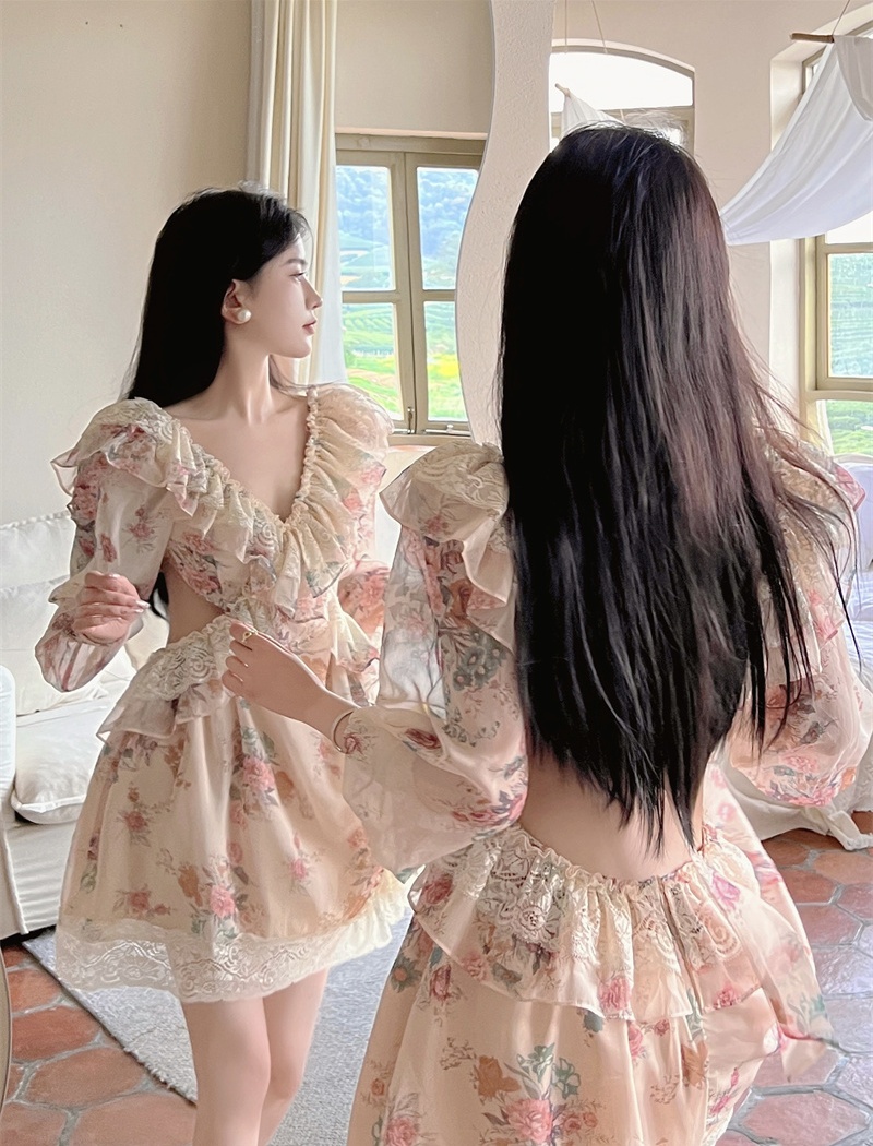 V-neck long sleeve slim jumpsuit sexy niche T-back