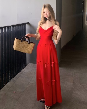 Red France style temperament pinched waist dress for women