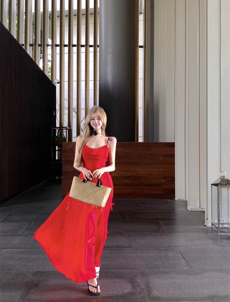 Red France style temperament pinched waist dress for women