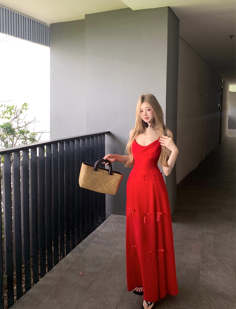 Red France style temperament pinched waist dress for women