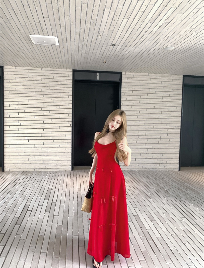 Red France style temperament pinched waist dress for women