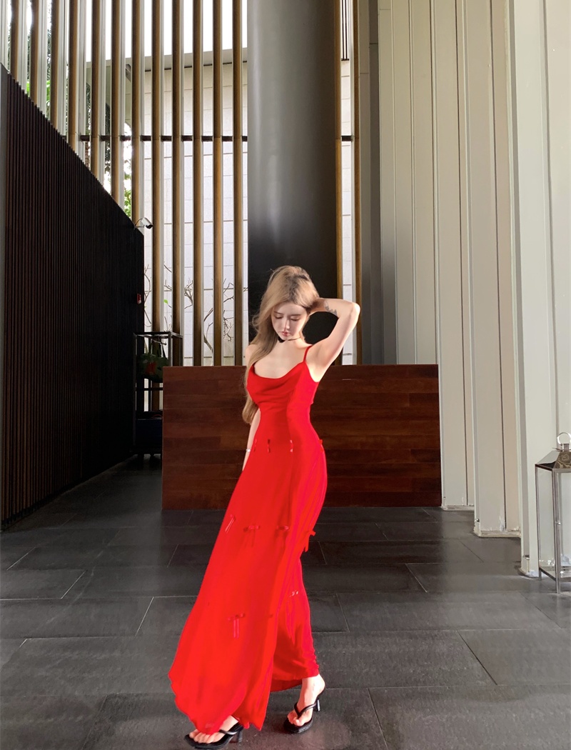 Red France style temperament pinched waist dress for women