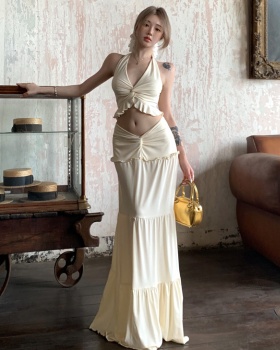 Halter vacation tops bandage long skirt 2pcs set
