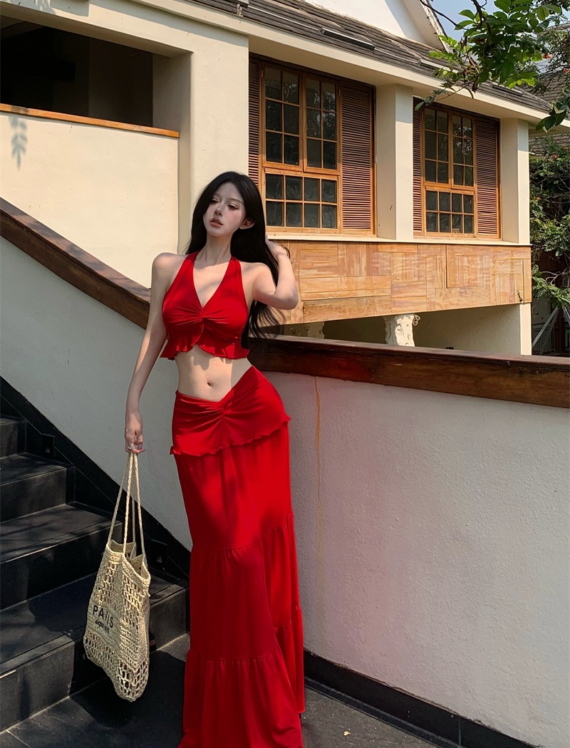Halter vacation tops bandage long skirt 2pcs set