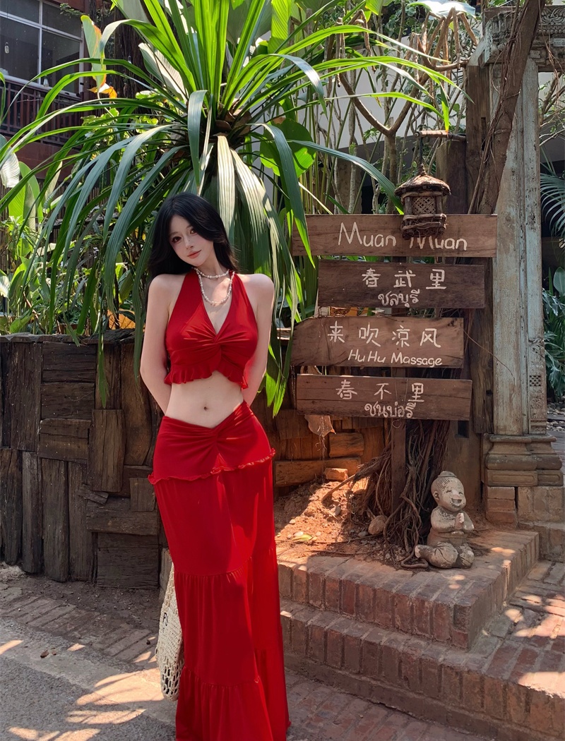 Halter vacation tops bandage long skirt 2pcs set